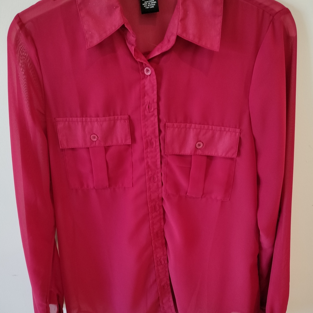 Red Sheer Button-Up Blouse